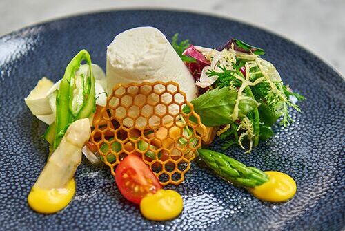 Spargelcreme mit mariniertem Spargel auf Blattsalat mit Spargelvinaigrette Spargelcreme mit mariniertem Spargel auf Blattsalat mit Spargelvinaigrette