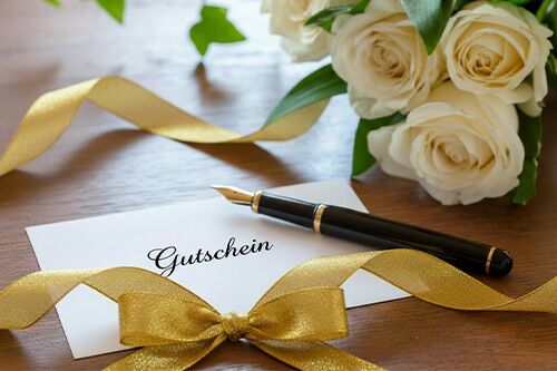Ein Umschlag mit dem Wort Gutschein liegt auf Holzuntergrund. Ein Strauß mit weißen Rosen ragt ins Bild. Ein edler Füller liegt auf dem Umschlag. Eine goldene Schleife mit Band liegt dekorativ um den Umschlag herum.