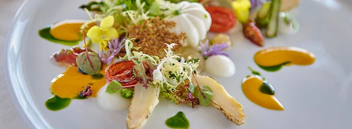 Detailaufnahme eines Gerichts auf einem Teller mit angedünstetem Spargel, Tomaten und verschiedenen Salaten.