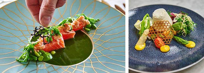 Links ist ein Teller mit einem Lachsgericht, das von einer Hand dekoriert wird. Rechts ist ein Gericht mit einer Haube Spargelmousse umgeben von Salat.