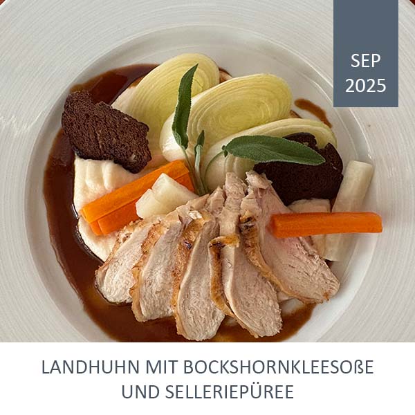 Landhuhn mit Bockshornkleesoße und  Seleriepüree